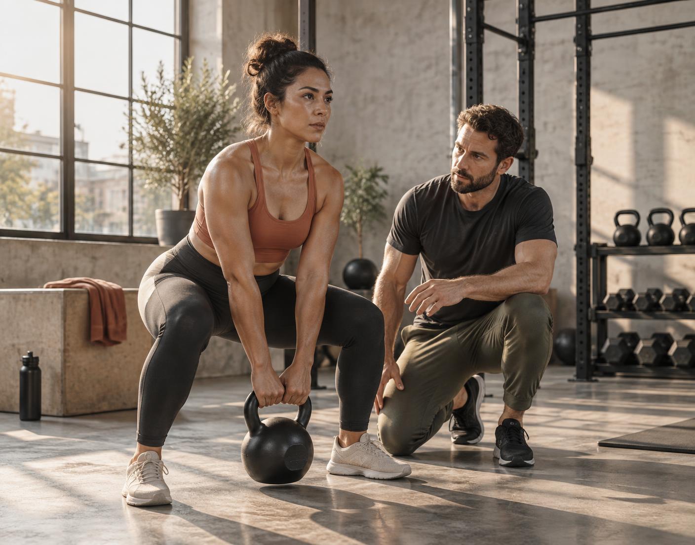 A FORM coach supporting a member with kettlebell training